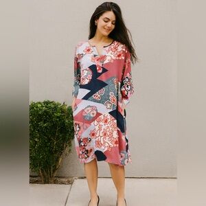 Natori Womens Multicolor Patchwork V Neck Floral Kaftan Dress Size Medium